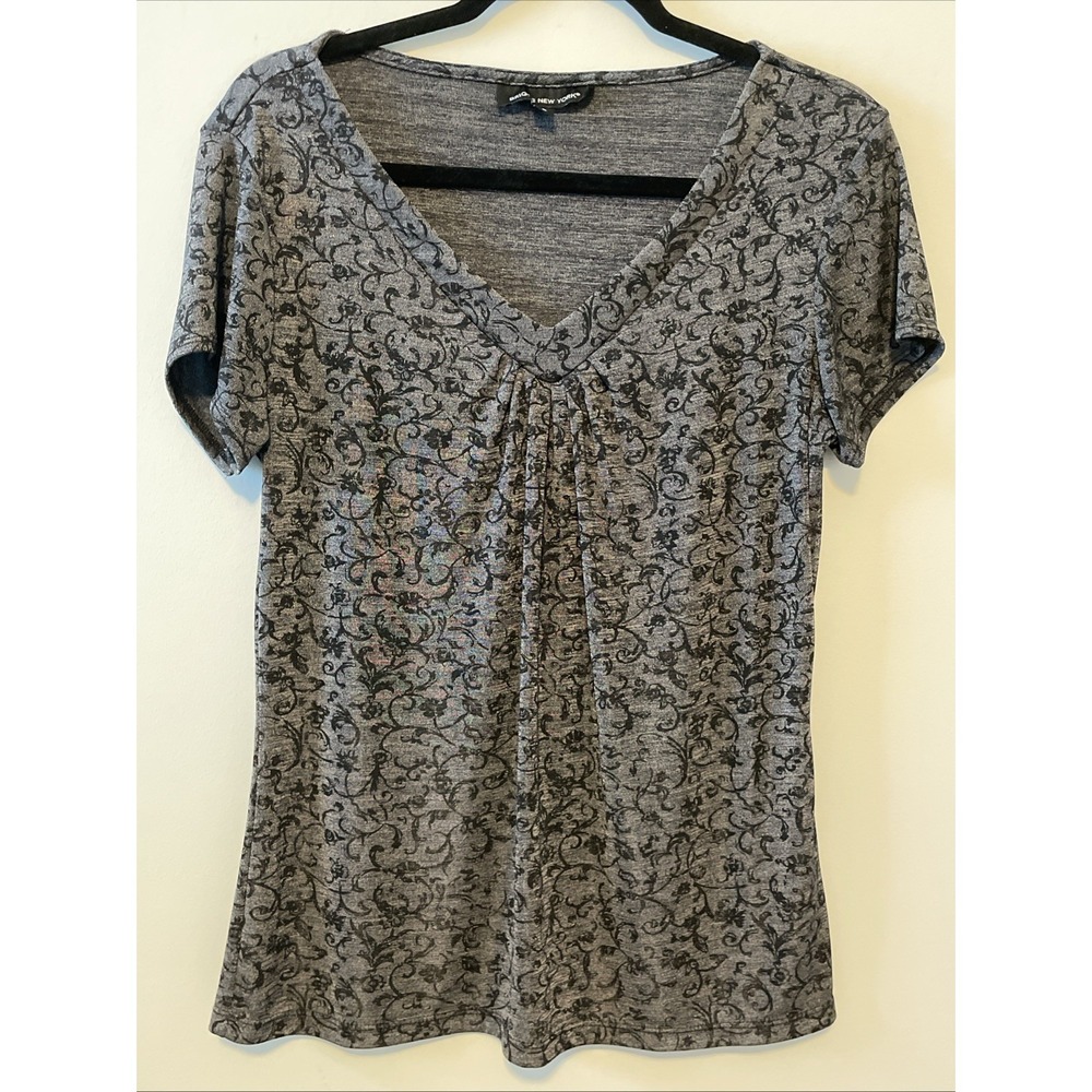 Briggs New York Large Gray Paisley Blouse Stretch V Neck Ruched Top
